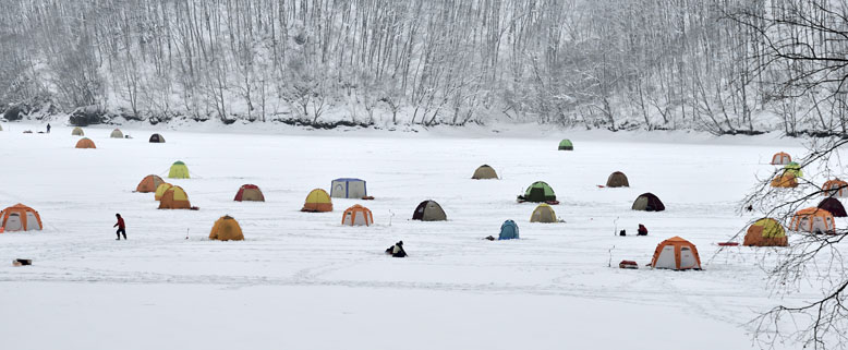結氷した湖面に並ぶワカサギ釣りのテントです。