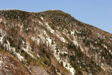 茶臼岳の様子、雪が少なくなっています。