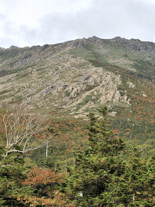 小田越登山口から見上げた山頂とがれ場の様子、がれ場以外には紅葉が見られました。