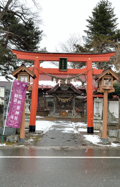 雪が降り始めた秋葉神社参道をのぞむ。